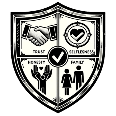 Drawing of our values on a shield
